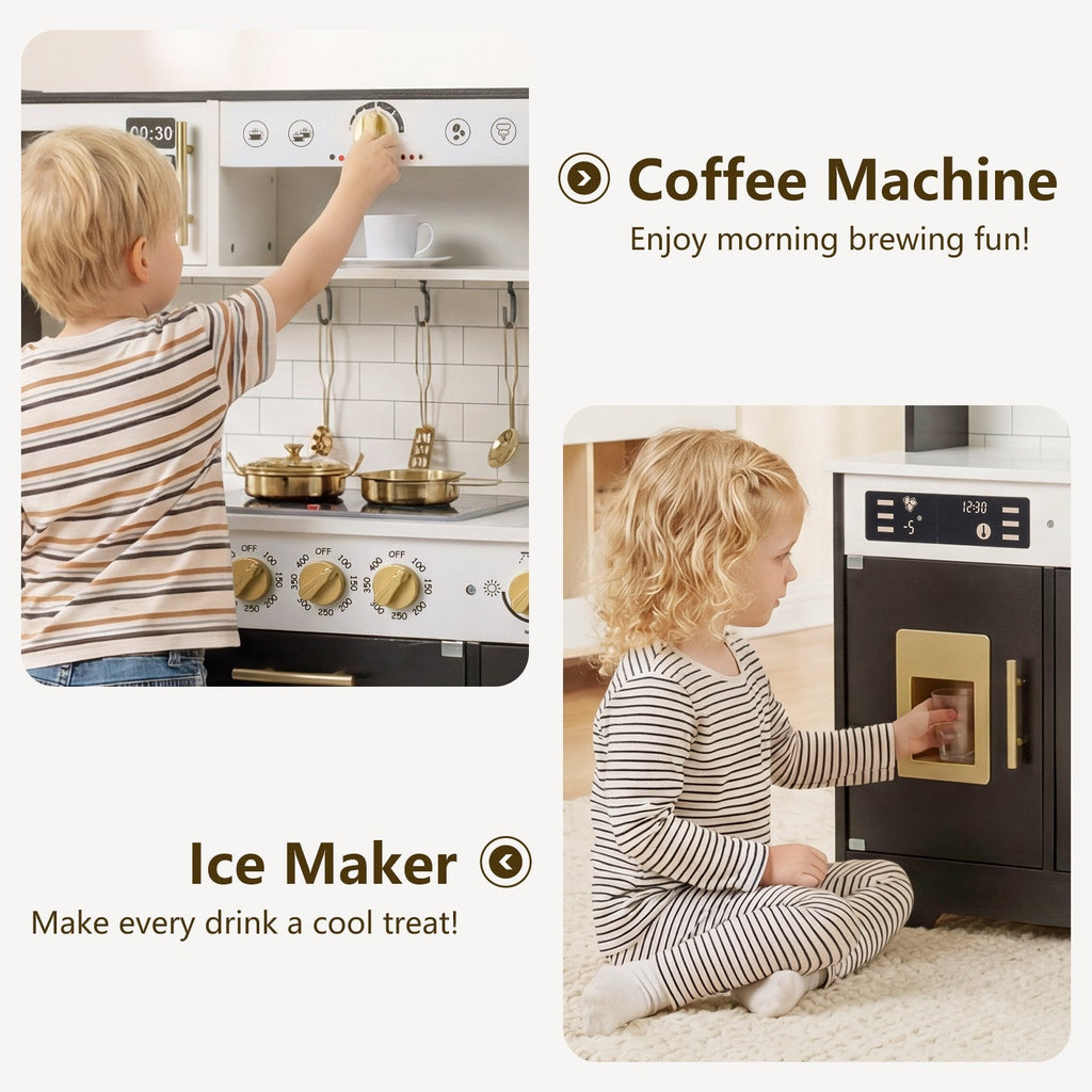 OLAKIDS Play Kitchen with Real Lights Sounds, Dishwasher, Coffee Machine, Wooden Pretend Cooking Toys with 17 Accessories for Boys Girls Ages 3+