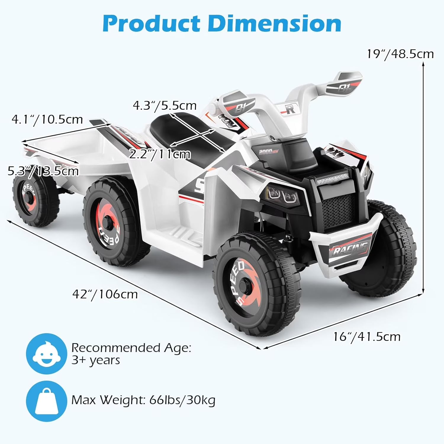 OLAKIDS 6V Kids ATV Ride On Toy with Removable Trailer and Wear Resistant Wheels