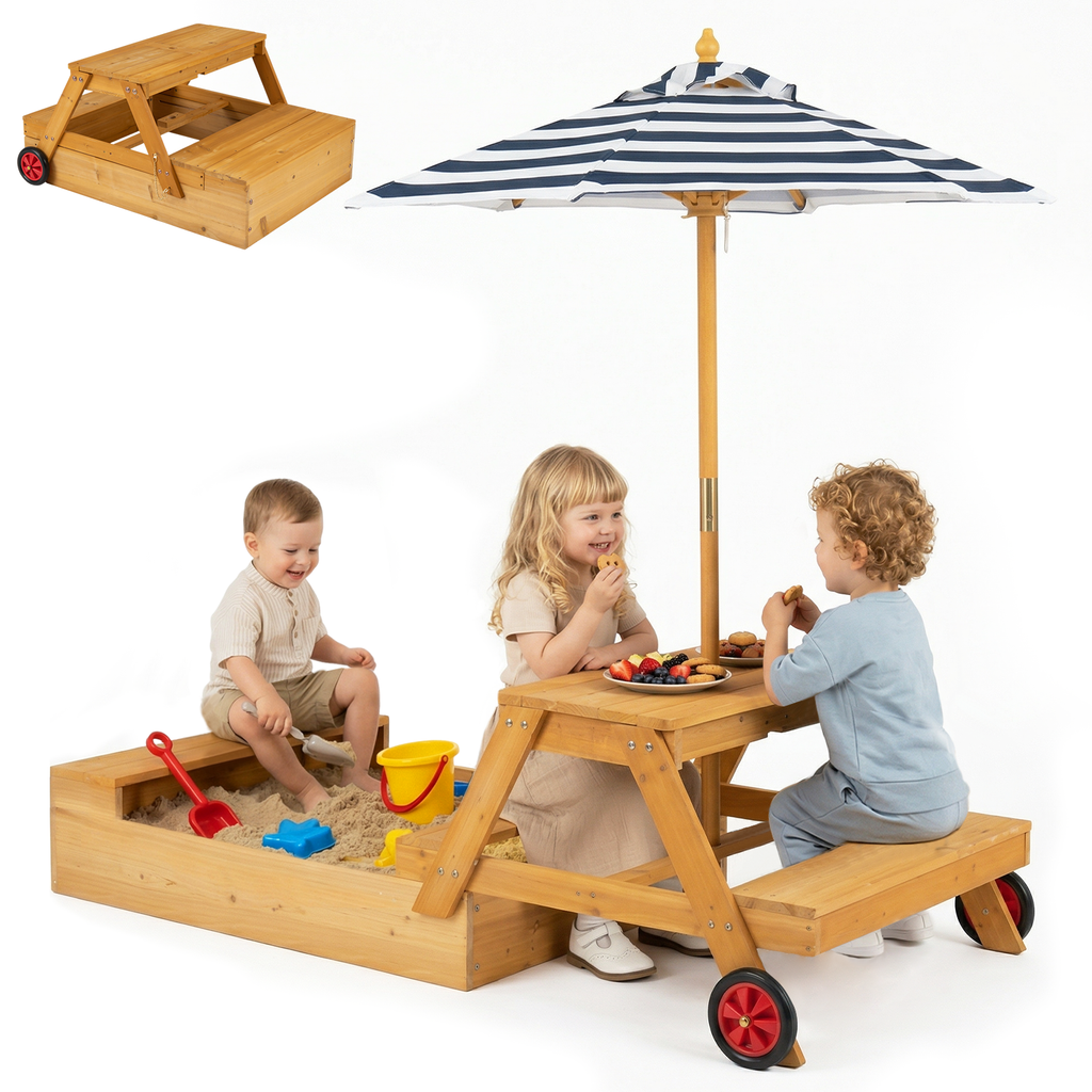 OLAKIDS 3-in-1 Wooden Picnic Table with Sandbox Benches and Umbrella