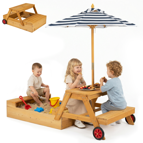 OLAKIDS 3-in-1 Wooden Picnic Table with Sandbox Benches and Umbrella