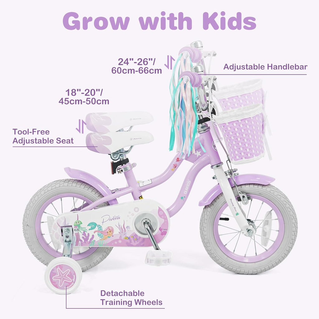 Olakids Kids Bike, 12 14 16 18 20 Inch Mermaid Theme Girls Bicycle with Training Wheels
