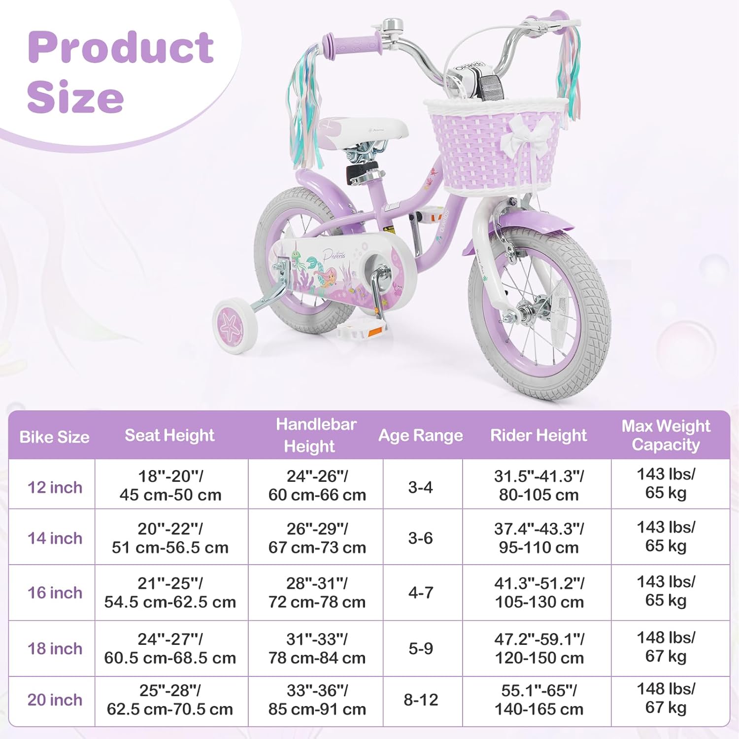 Olakids Kids Bike, 12 14 16 18 20 Inch Mermaid Theme Girls Bicycle with Training Wheels