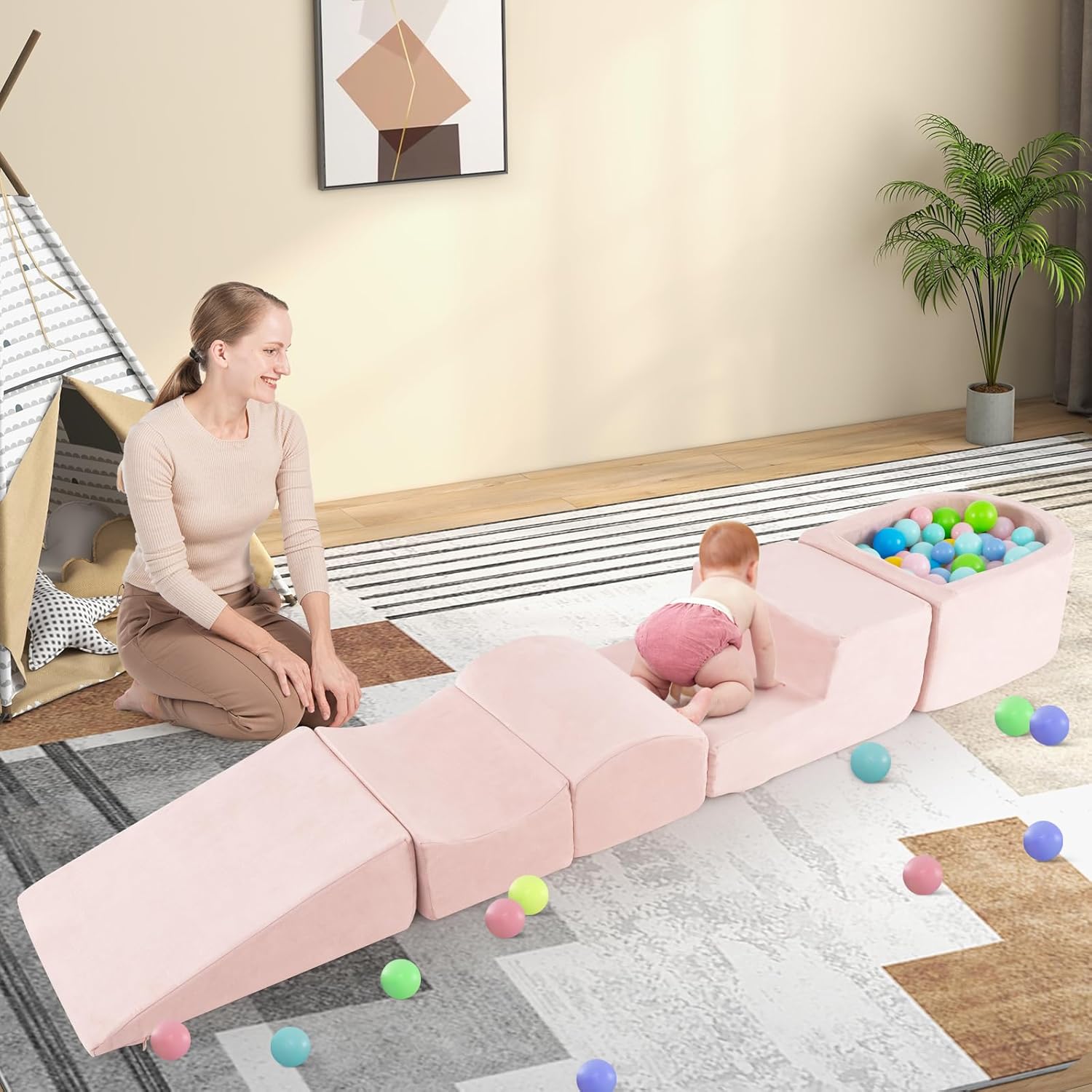 OLAKIDS 5-Piece Toddler Foam Climbing Blocks with Ball Pit, Indoor Play Gym for Crawling & Sliding