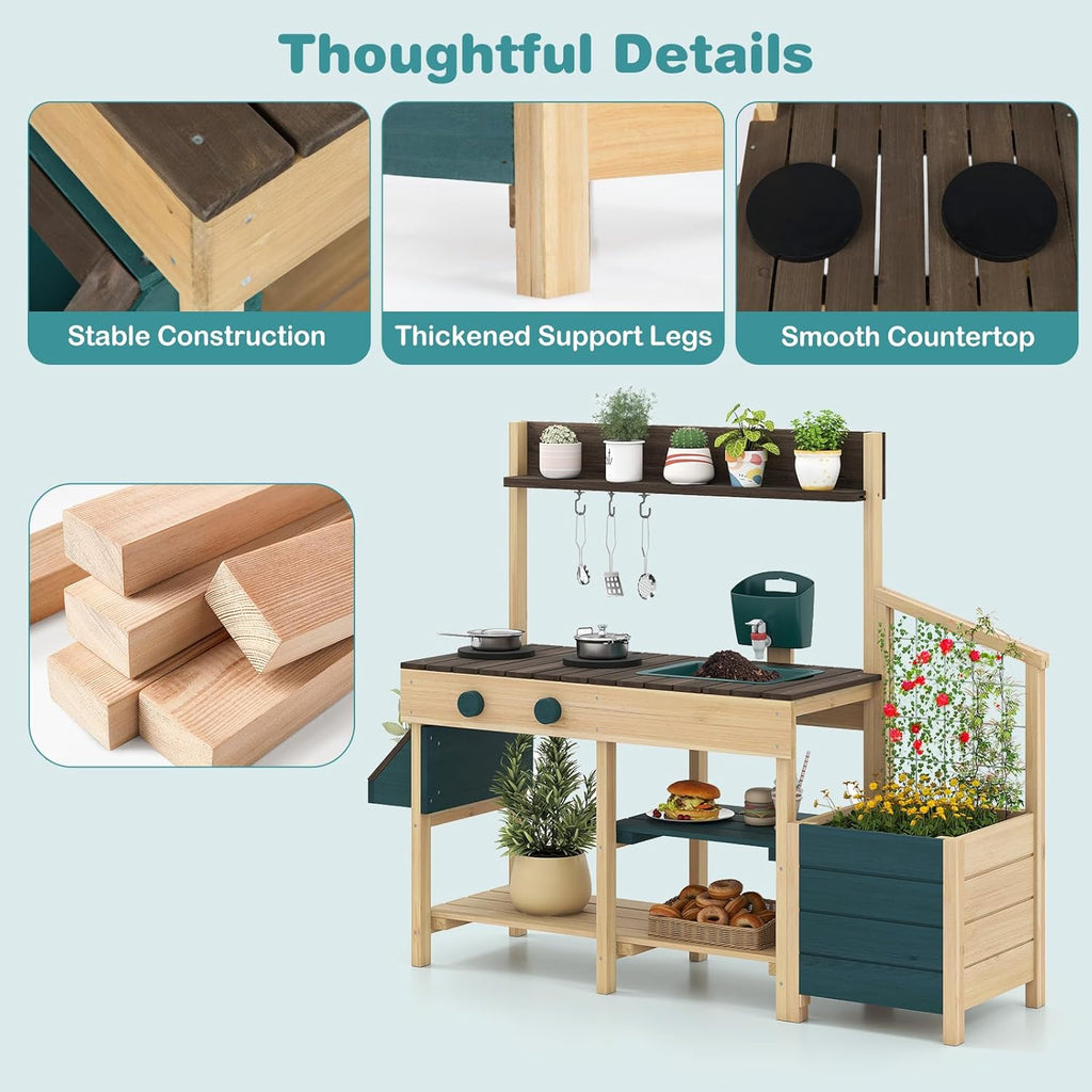 OLAKIDS Wooden Mud Kitchen Outdoor Play Kitchen with Faucet Sink Chalkboard for Kids 3+