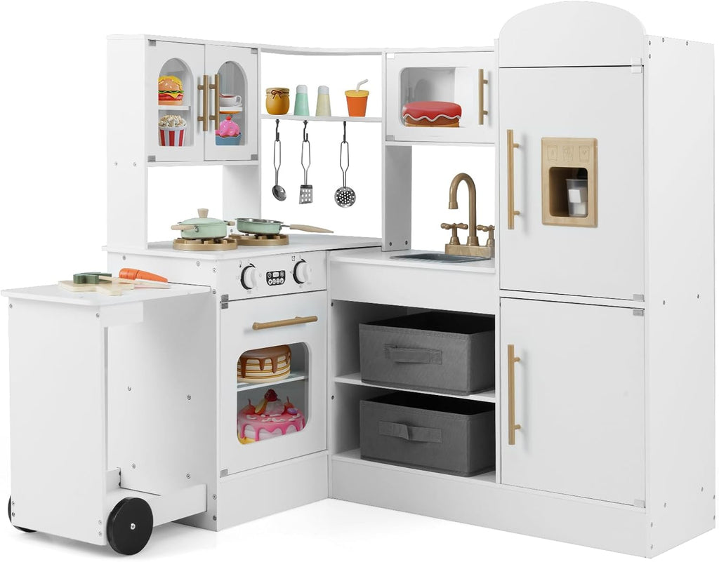 OLAKIDS Corner Kids Kitchen, Wooden Pretend Playset for Boys Girls Aged 3+