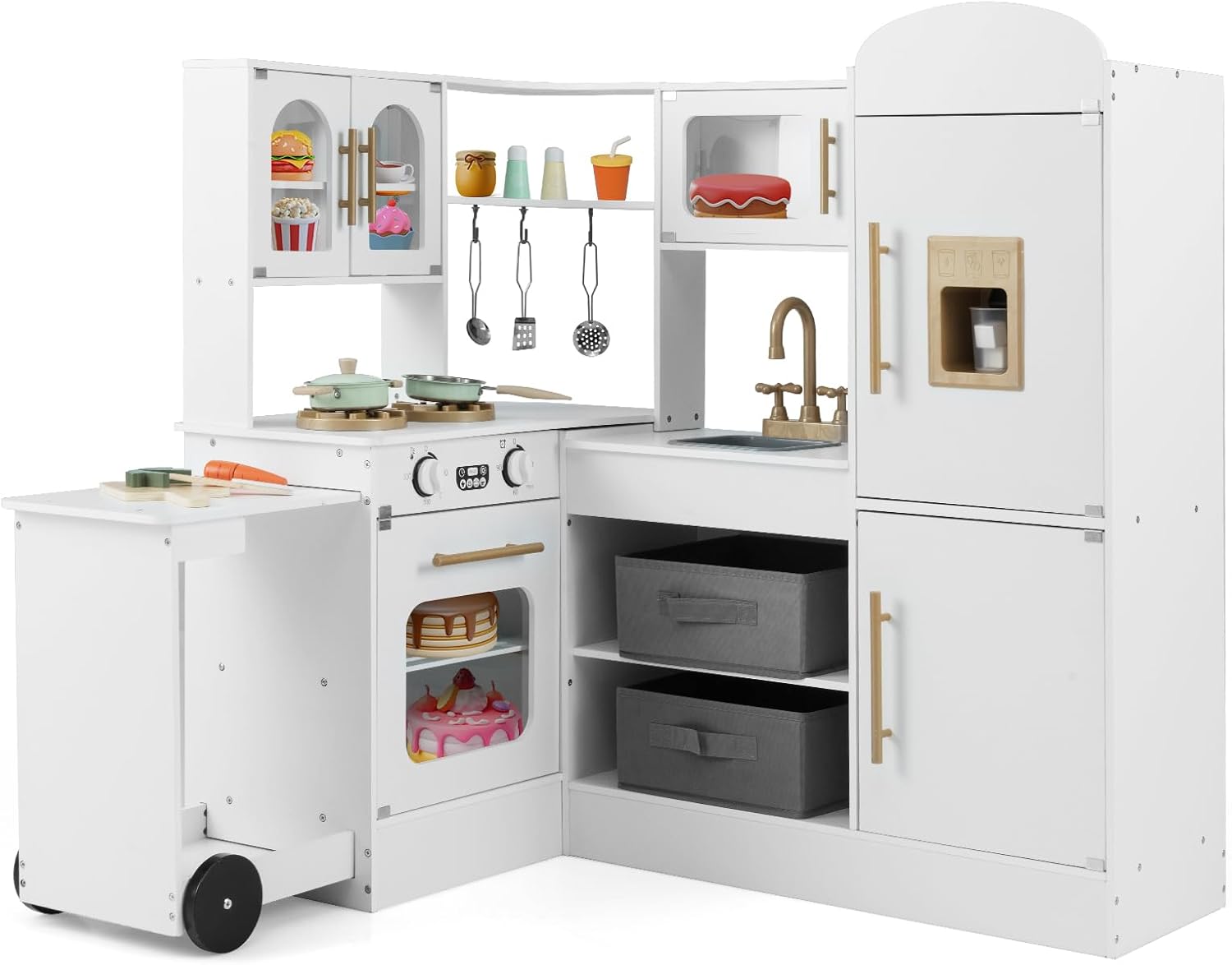 OLAKIDS Corner Kids Kitchen, Wooden Pretend Playset for Boys Girls Aged 3+