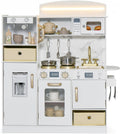 OLAKIDS Wooden Toddler Kitchen Playset with Lights, Coffee Maker, Ice Maker, Stove, Sink, Microwave and 2 Storage Bins