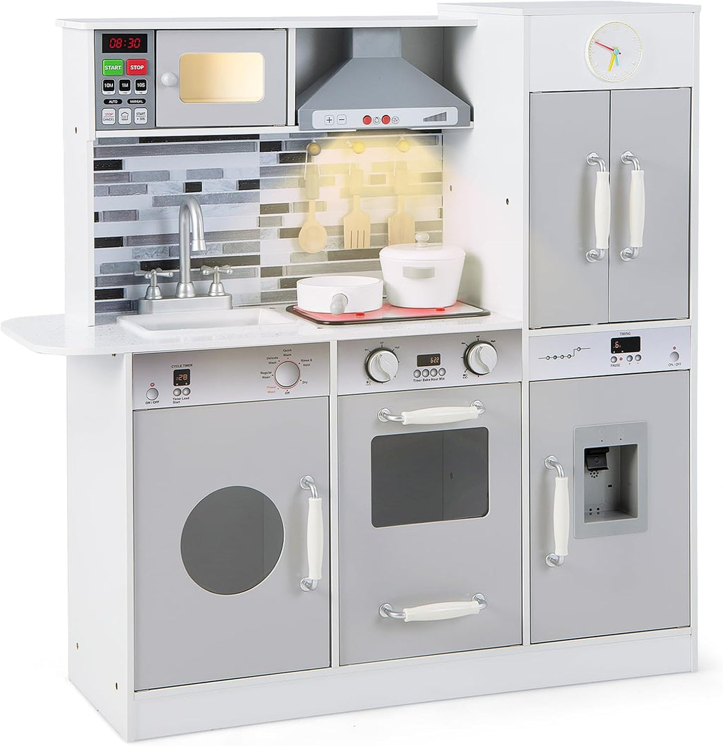 OLAKIDS Wooden Pretend Kitchen Playset for Toddlers with Realistic Light, Sound, Microwave & Storage Cabinet