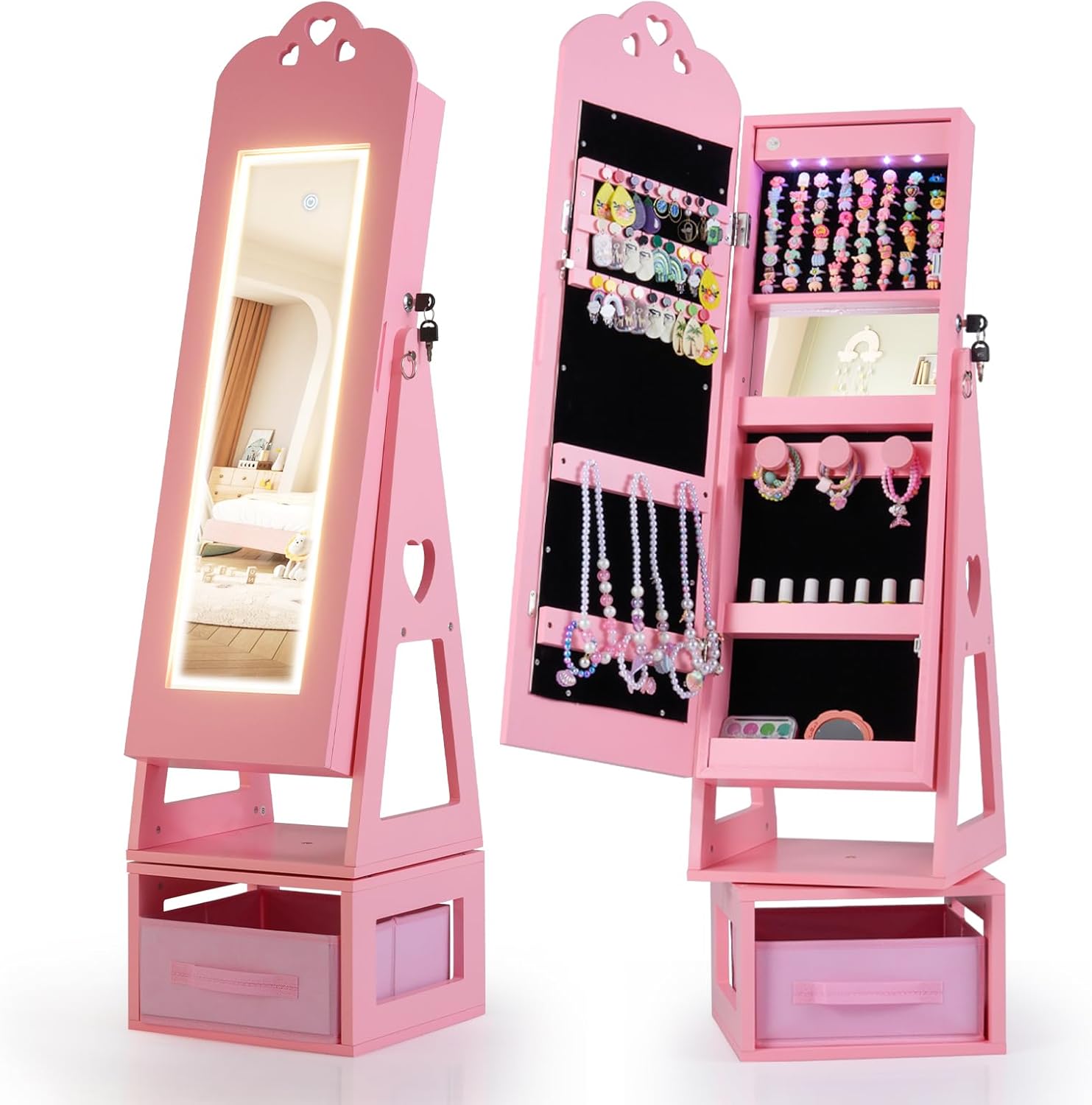 OLAKIDS Kids Jewelry Armoire Cabinet, 360° Swivel Lockable Standing Makeup Organizer
