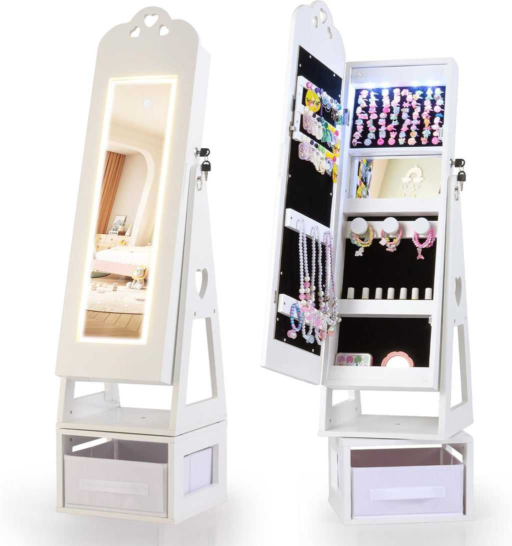OLAKIDS Kids Jewelry Armoire Cabinet, 360° Swivel Lockable Standing Makeup Organizer