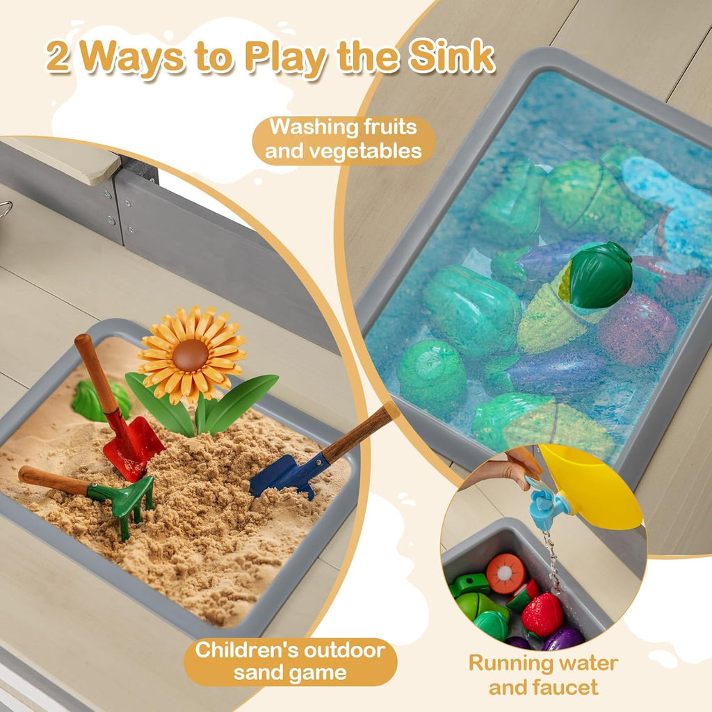 OLAKIDS Wooden Mud Kitchen Outdoor Play Kitchen with Faucet Sink Chalkboard for Kids 3+