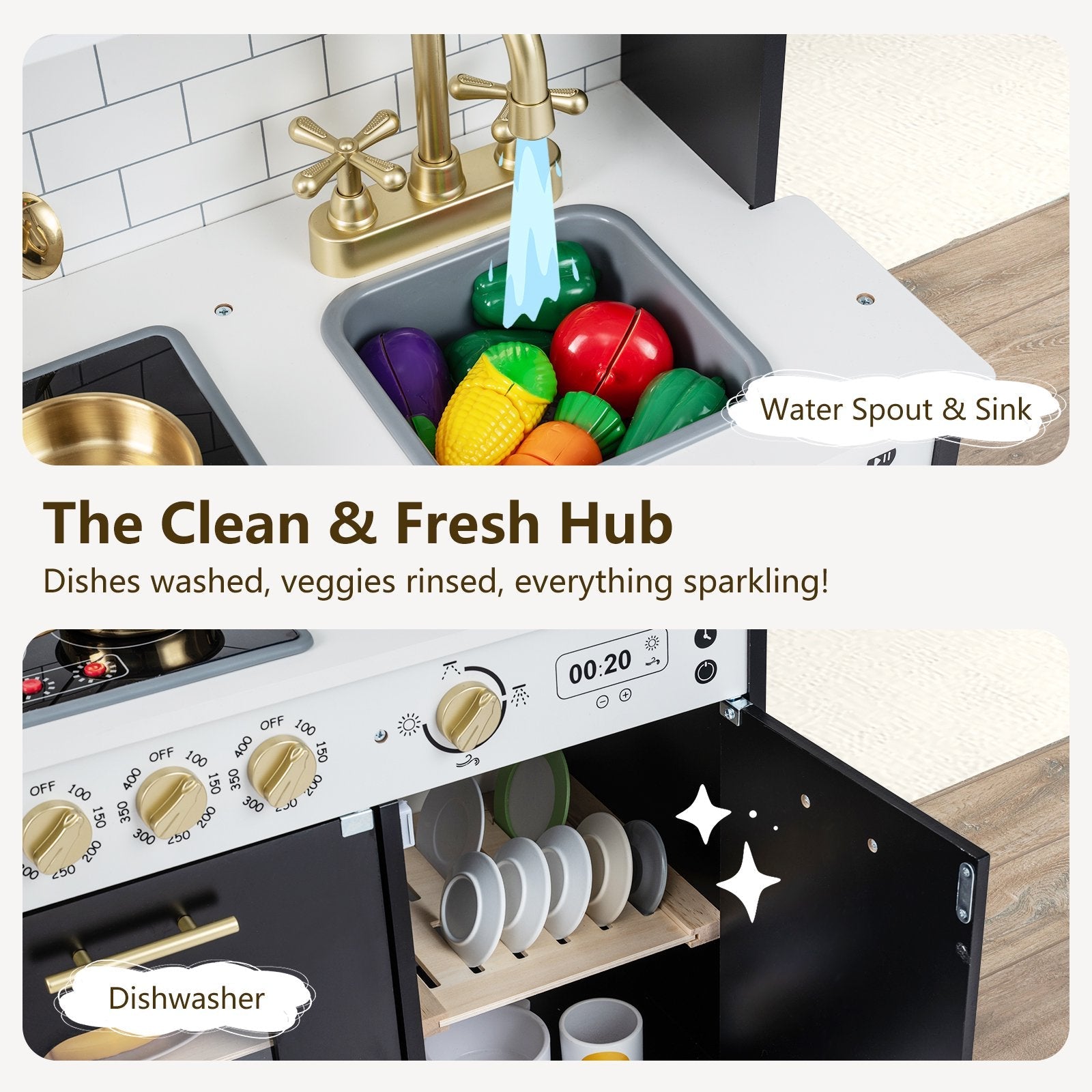 OLAKIDS Play Kitchen with Real Lights Sounds, Dishwasher, Coffee Machine, Wooden Pretend Cooking Toys with 17 Accessories for Boys Girls Ages 3+