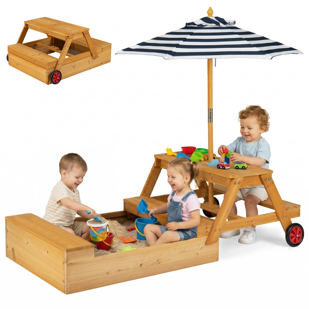 OLAKIDS 3-in-1 Wooden Picnic Table with Sandbox Benches and Umbrella