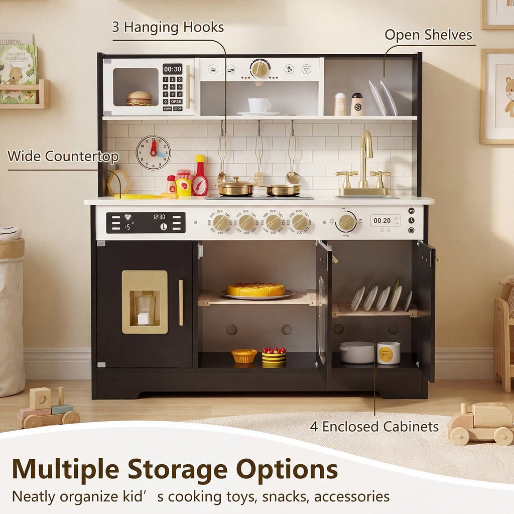 OLAKIDS Play Kitchen with Real Lights Sounds, Dishwasher, Coffee Machine, Wooden Pretend Cooking Toys with 17 Accessories for Boys Girls Ages 3+