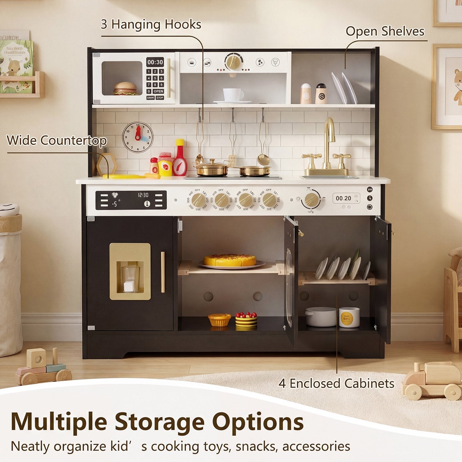 OLAKIDS Play Kitchen with Real Lights Sounds, Dishwasher, Coffee Machine, Wooden Pretend Cooking Toys with 17 Accessories for Boys Girls Ages 3+