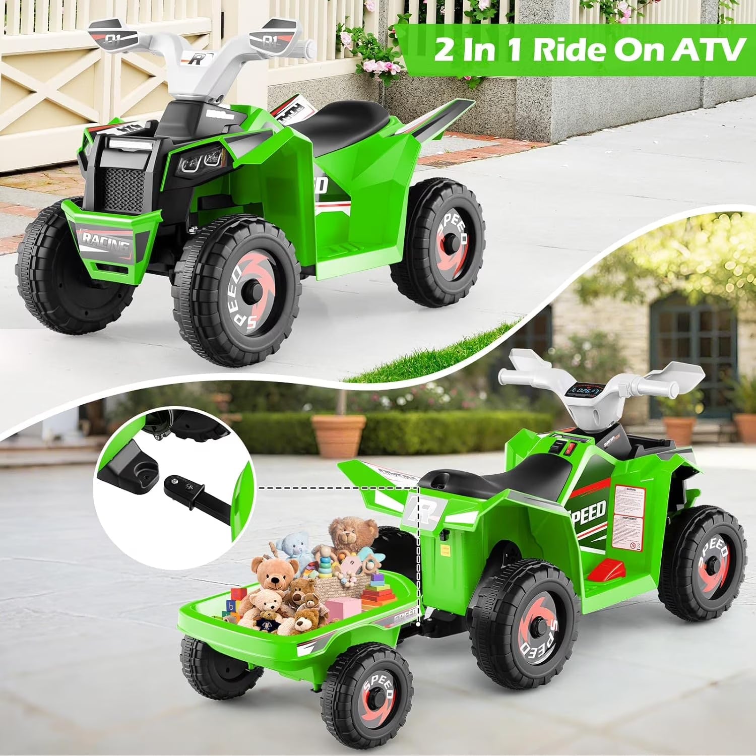 OLAKIDS 6V Kids ATV Ride On Toy with Removable Trailer and Wear Resistant Wheels