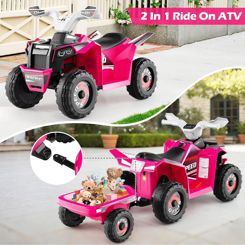 OLAKIDS 6V Kids ATV Ride On Toy with Removable Trailer and Wear Resistant Wheels