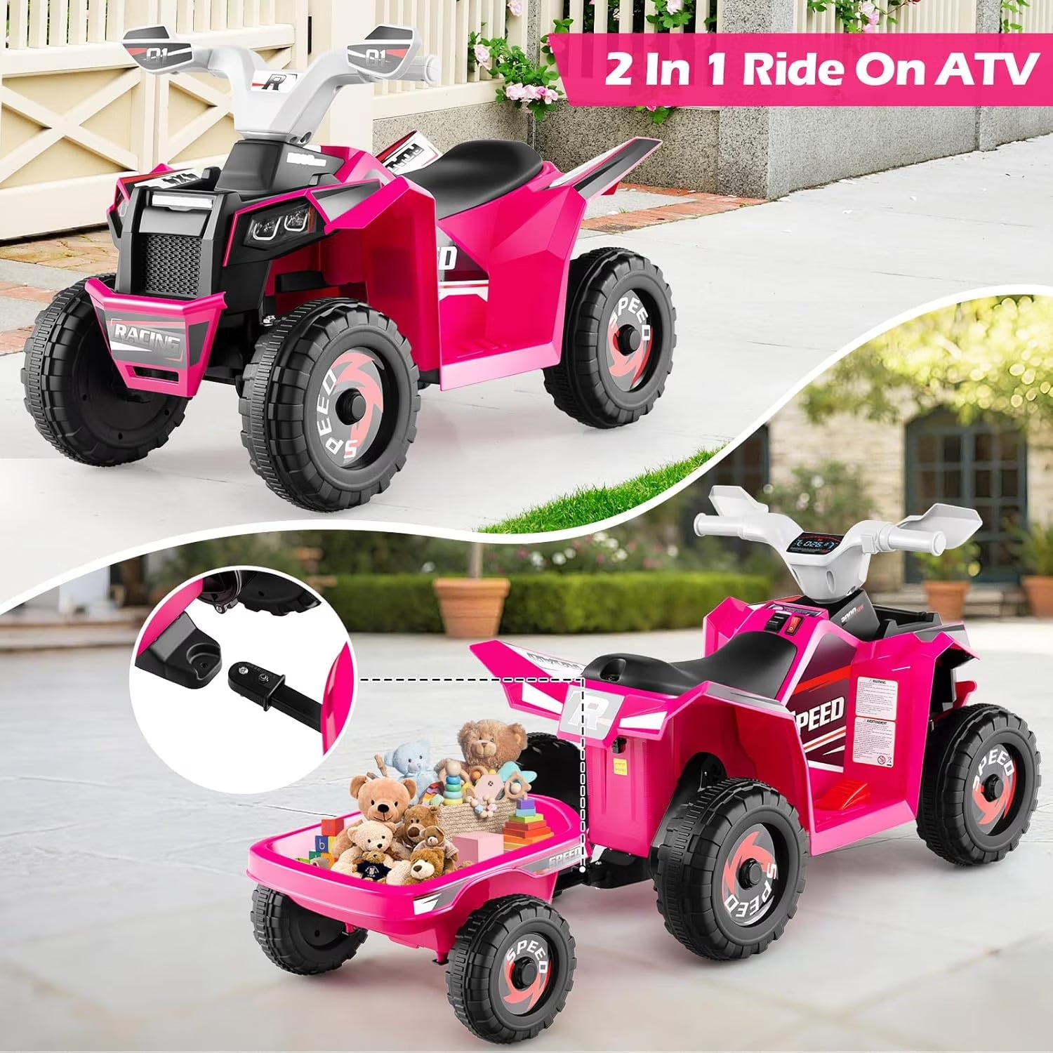 OLAKIDS 6V Kids ATV Ride On Toy with Removable Trailer and Wear Resistant Wheels