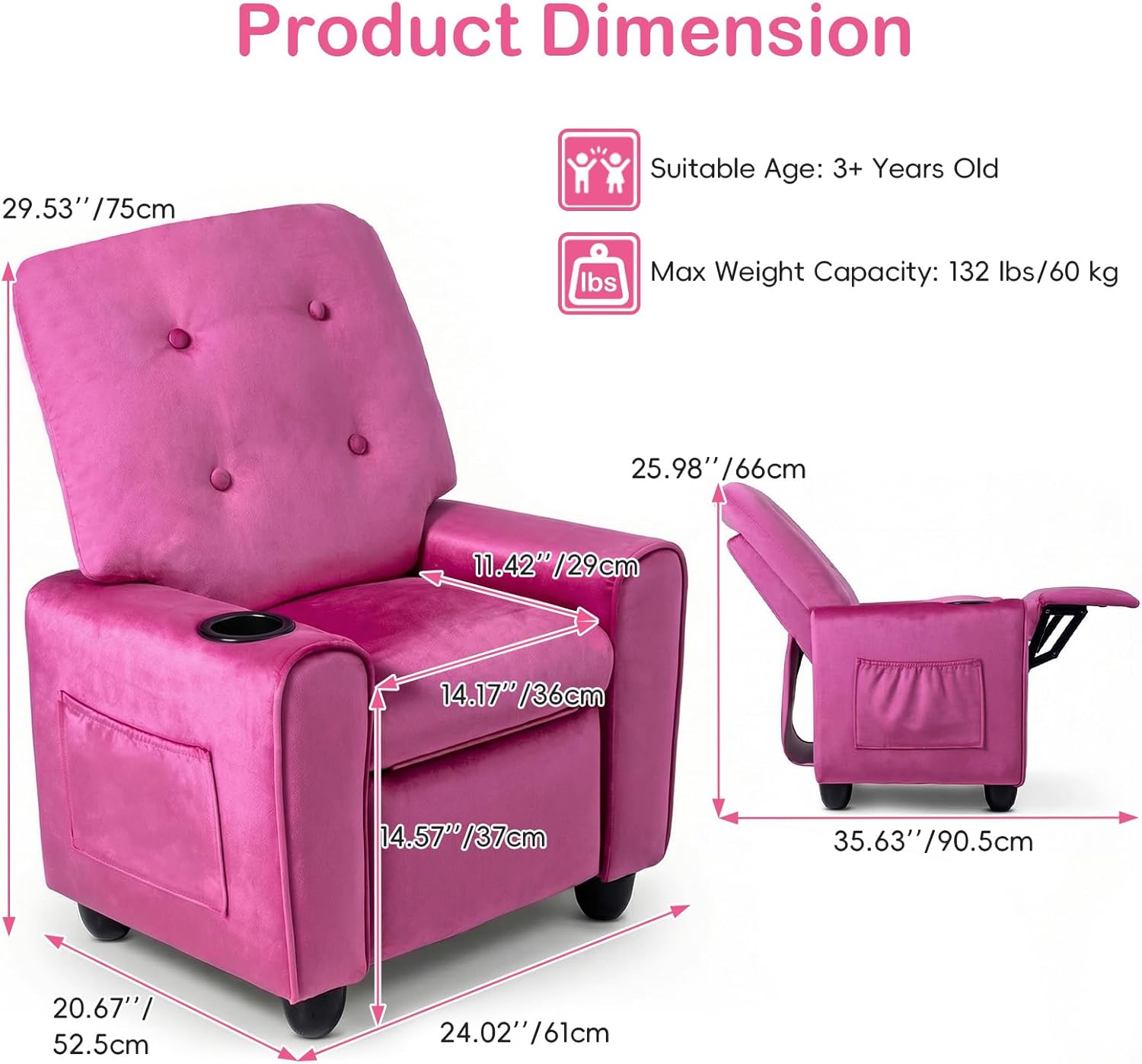 OLAKIDS Kids Recliner, Toddler Lounge Chair with Adjustable Backrest Footrest Cup Holder Side Pockets