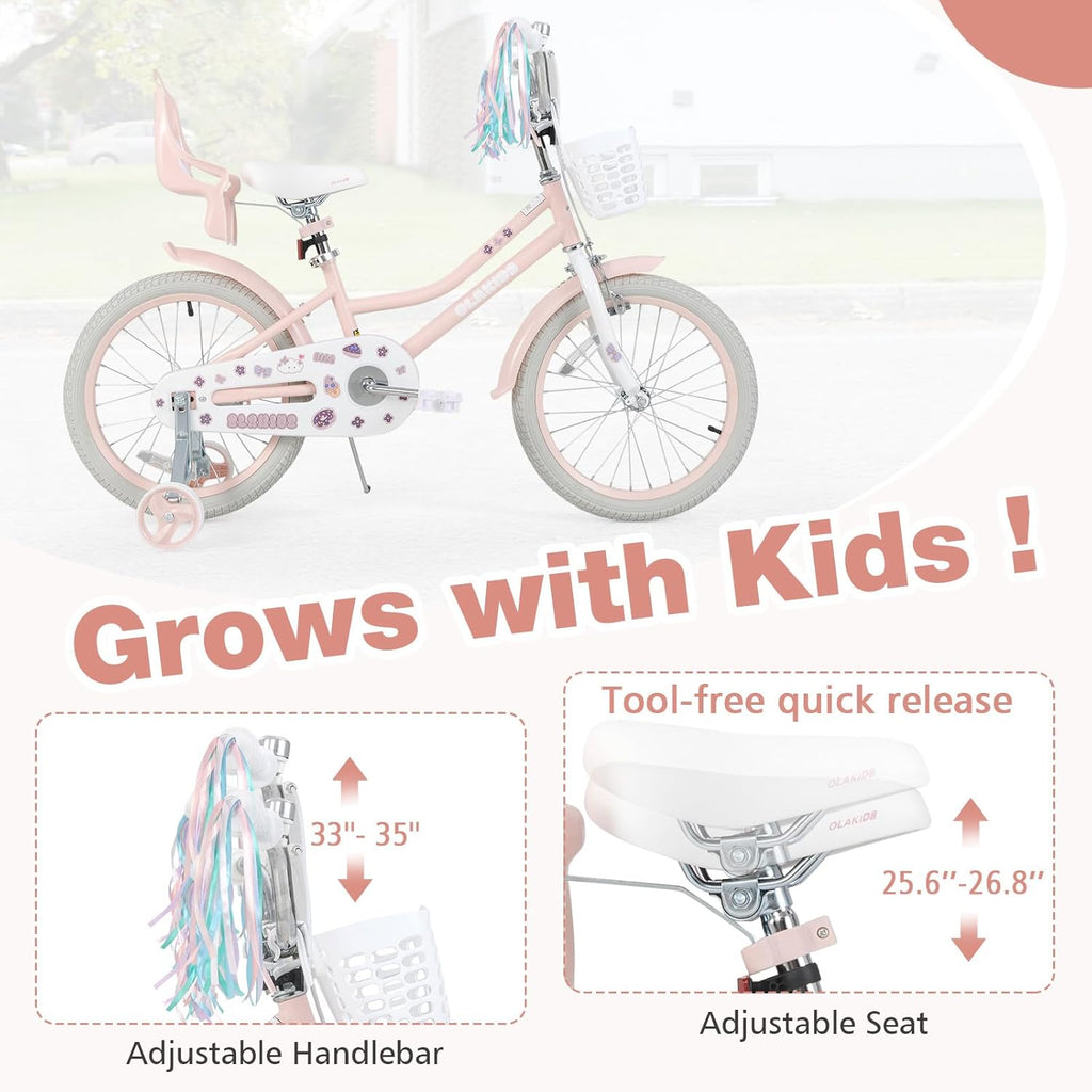 Olakids Girls Bike 12-20 Inch with Doll Seat Training Wheels Basket Dual Brakes