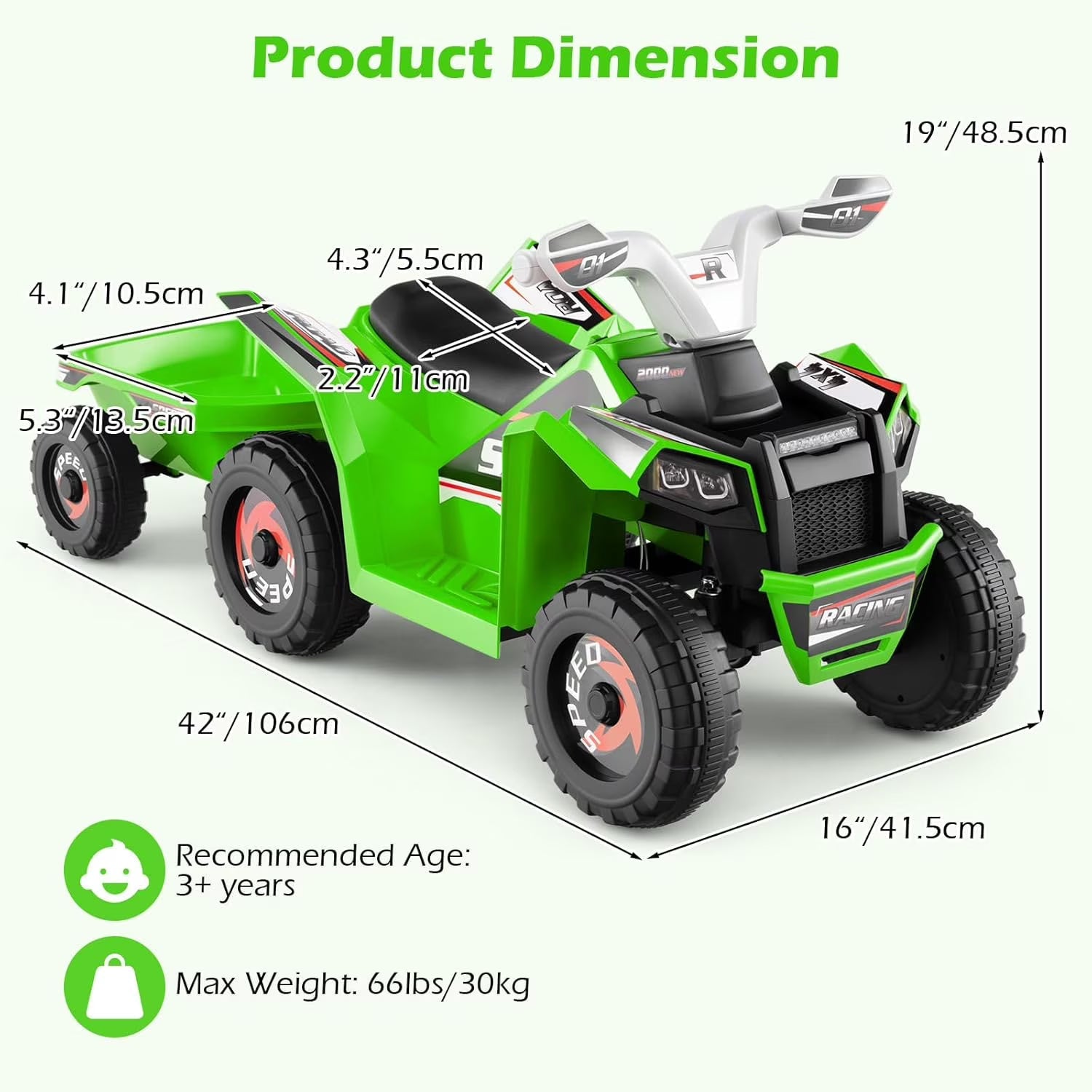 OLAKIDS 6V Kids ATV Ride On Toy with Removable Trailer and Wear Resistant Wheels