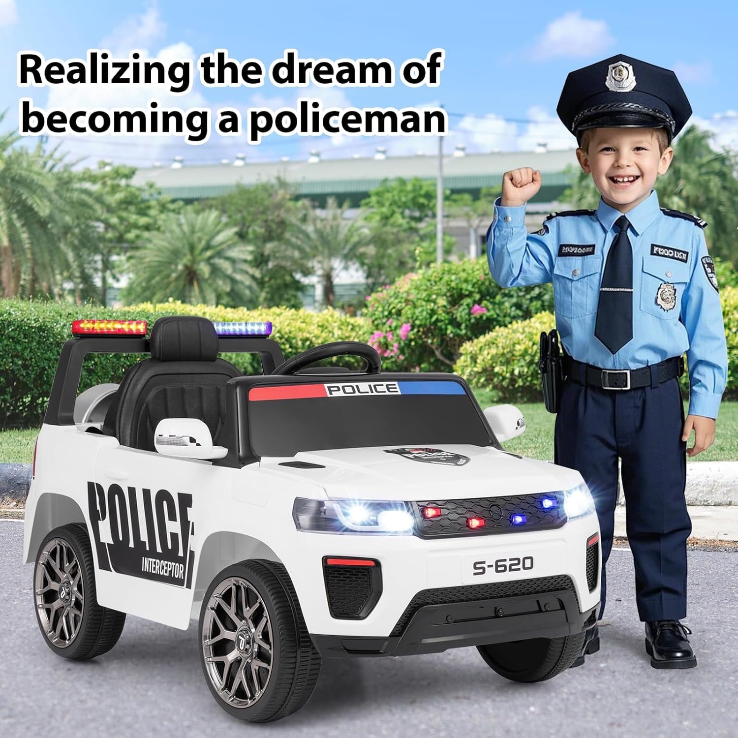 OLAKIDS Ride on Police Car 12V Kids Battery Powered Electric Vehicle for Aged 3-8 Years