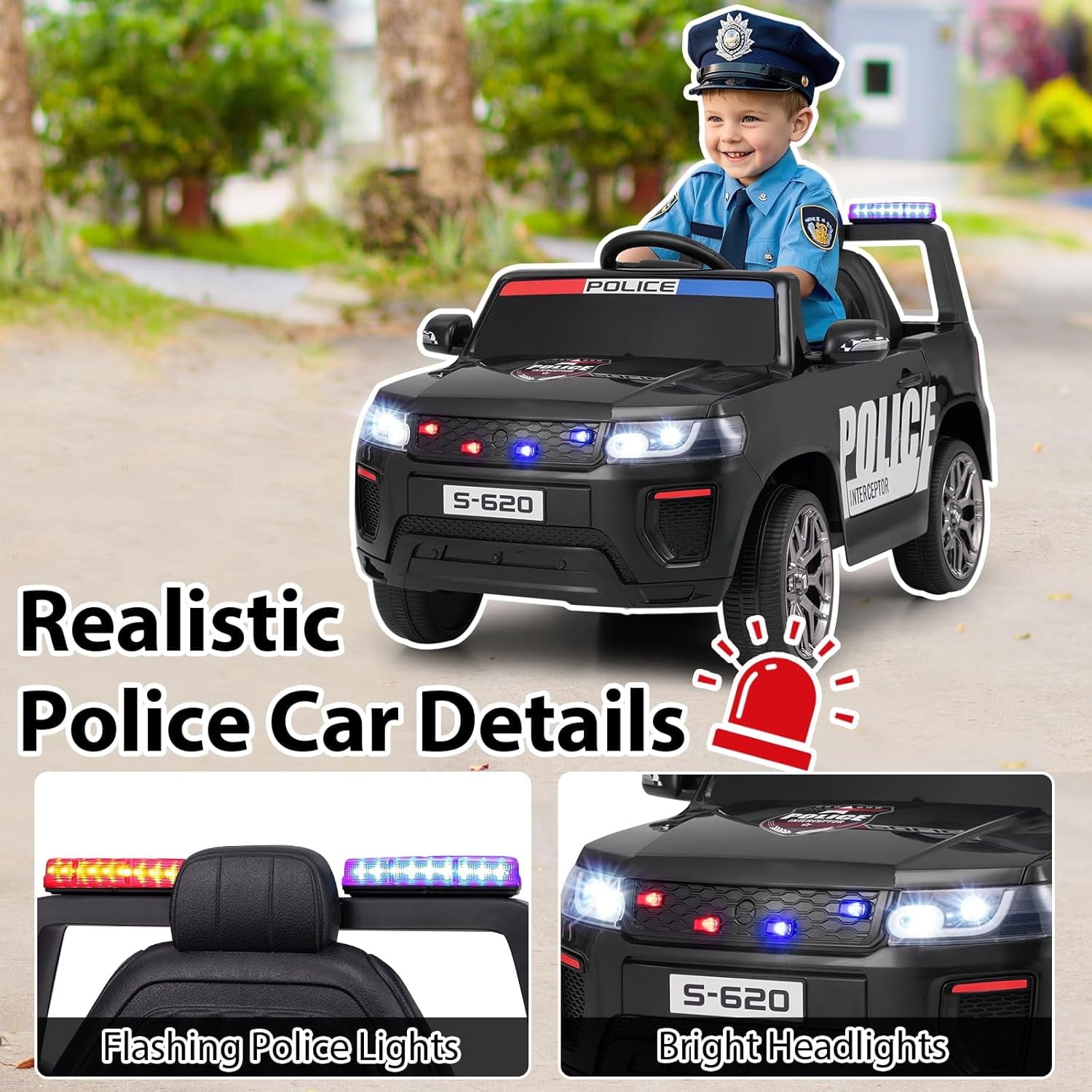 OLAKIDS Ride on Police Car 12V Kids Battery Powered Electric Vehicle for Aged 3-8 Years
