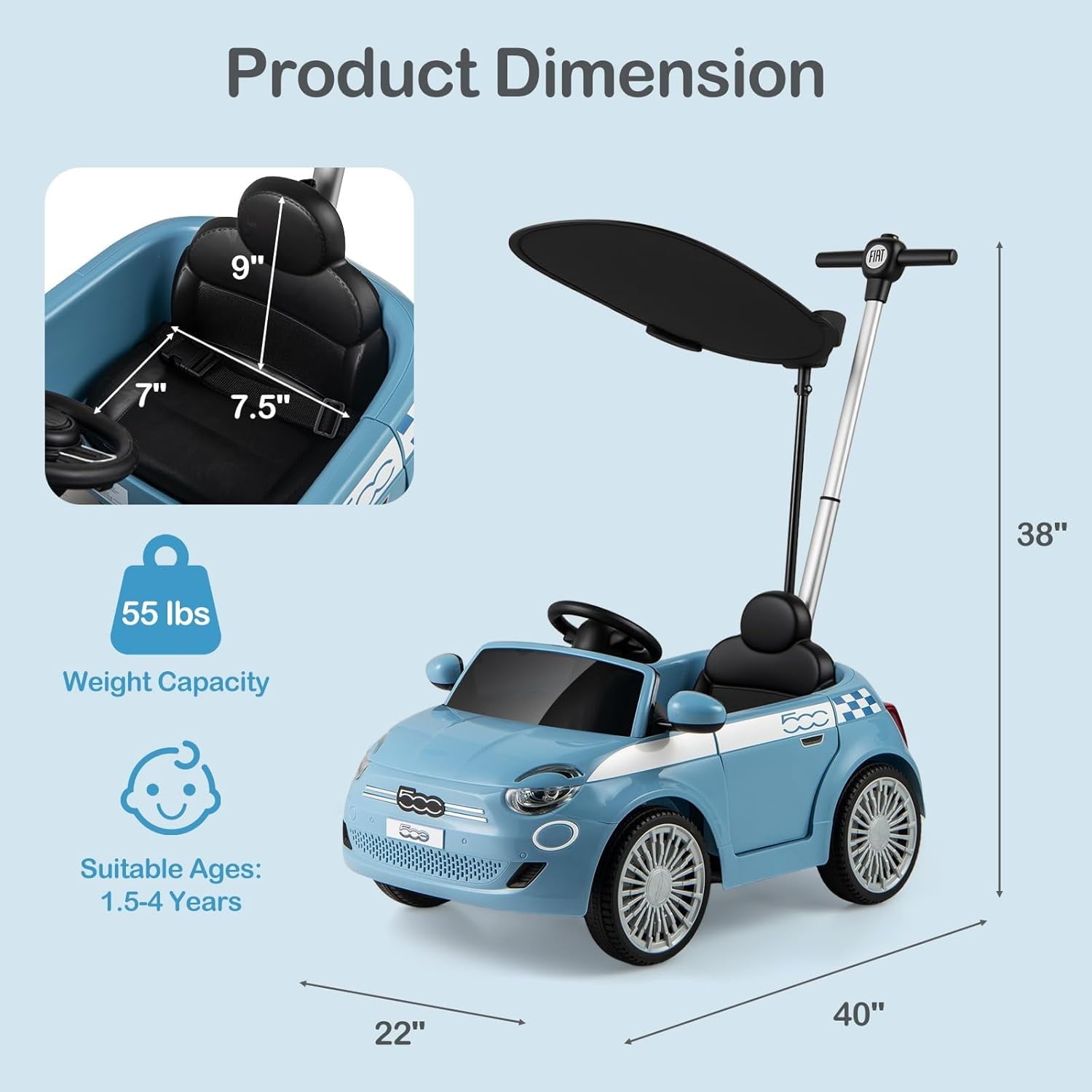 OLAKIDS Licensed Fiat 500 Ride on Push Car for Kids Toddlers 18 Month+