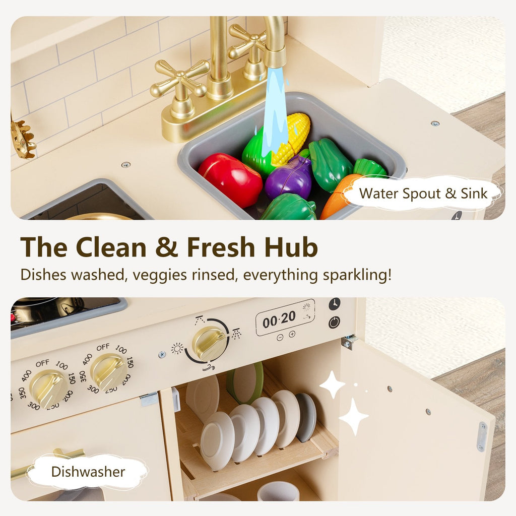 OLAKIDS Play Kitchen with Real Lights Sounds, Dishwasher, Coffee Machine, Wooden Pretend Cooking Toys with 17 Accessories for Boys Girls Ages 3+