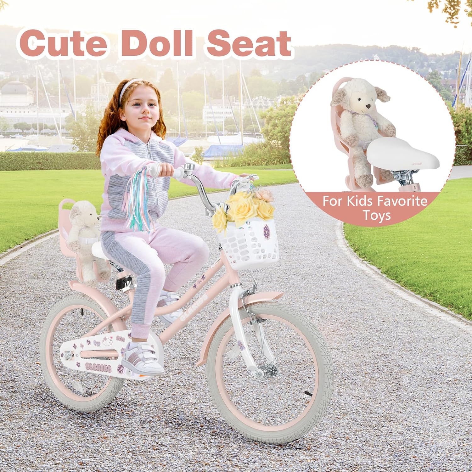 Olakids Girls Bike 12-20 Inch with Doll Seat Training Wheels Basket Dual Brakes