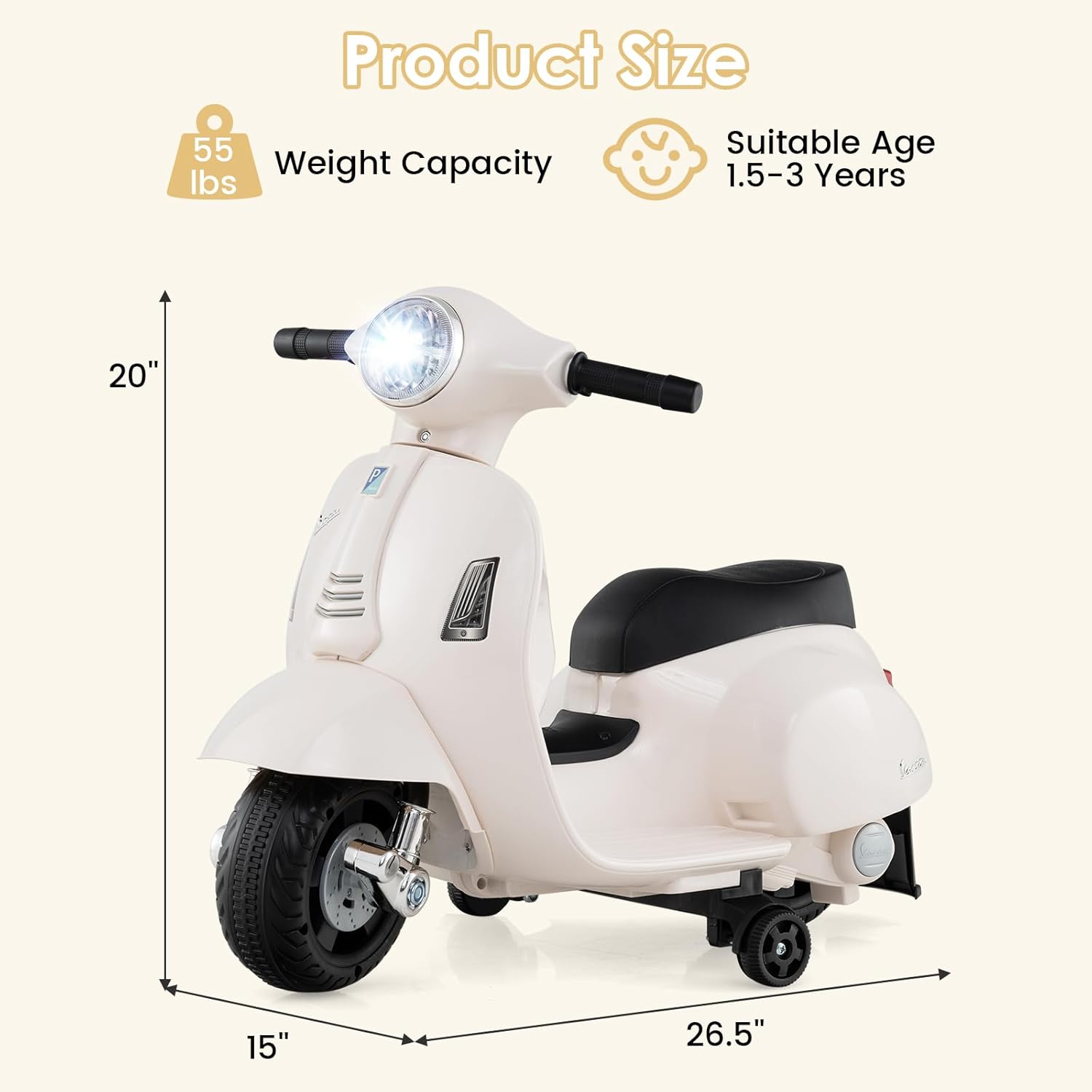 Vespa ホワイト キッズスクーター Licensed Vespa Scooter Kids Motorcycle by OLAKIDS, 6V Ride on