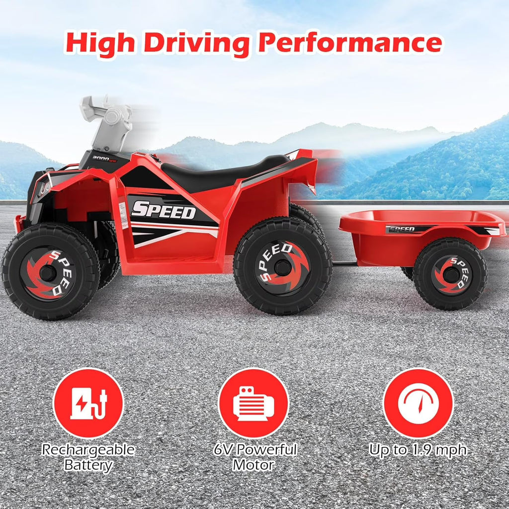 OLAKIDS 6V Kids ATV Ride On Toy with Removable Trailer and Wear Resistant Wheels