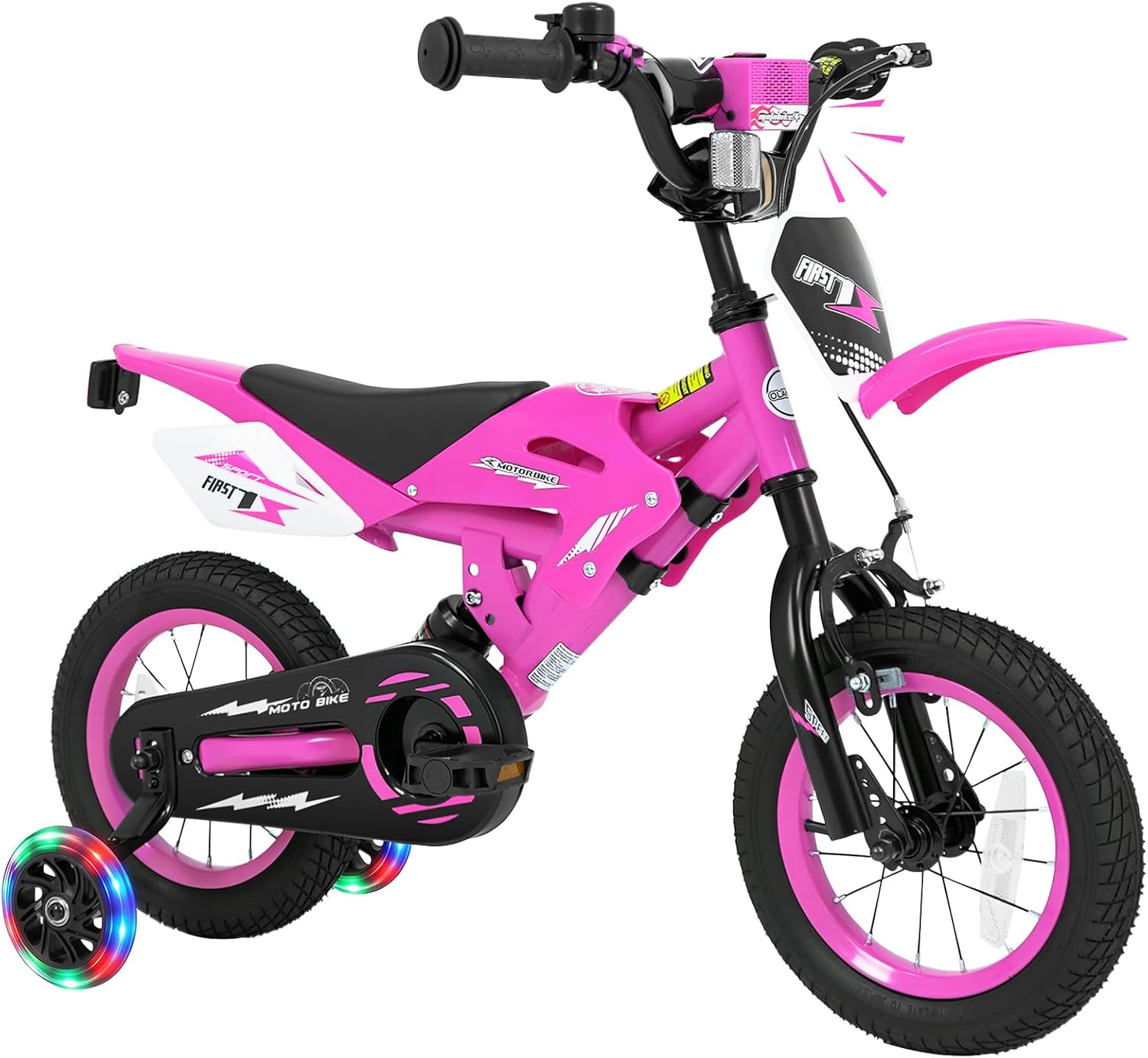 Olakids 12/16 Inch Motorcycle Kids BMX Bike with Light Training Wheels & Suspension