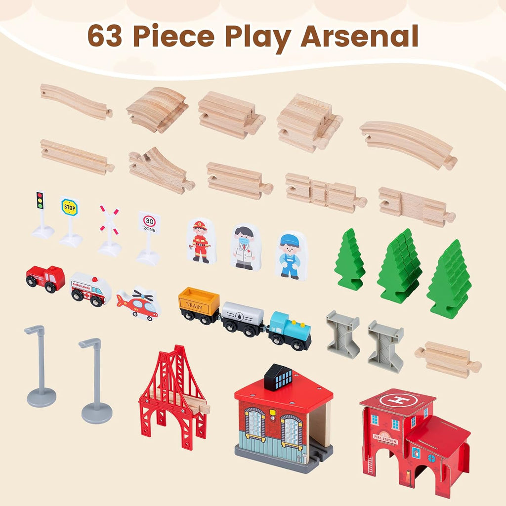 OLAKIDS Train Table, 63 PCS Wooden Kids Activity Toy with Storage Drawer
