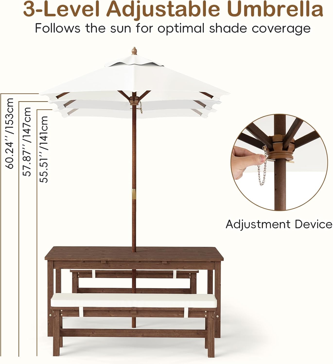 Olakids Kids Picnic Table, Outdoor Wooden Bench Set with Removable Cushions Adjustable Foldable Umbrella