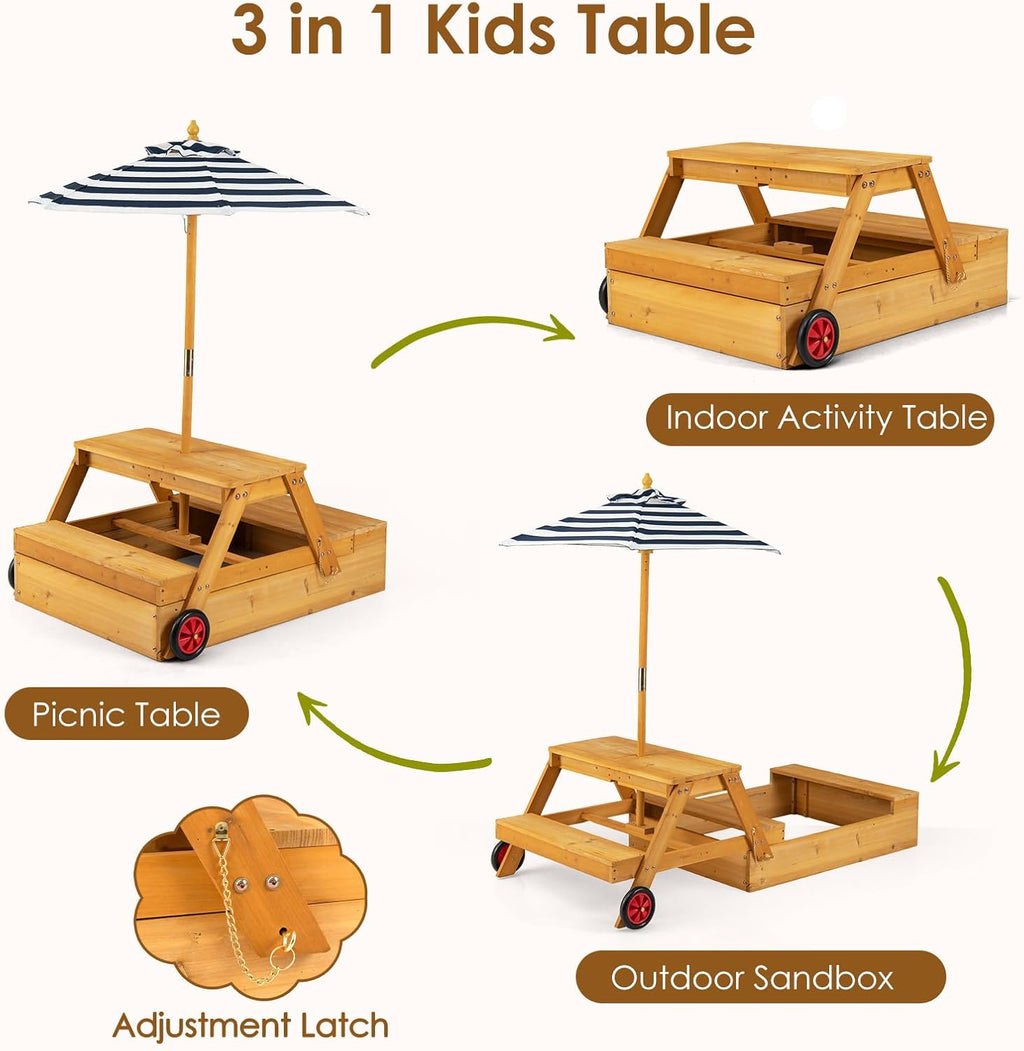 OLAKIDS 3-in-1 Wooden Picnic Table with Sandbox Benches and Umbrella