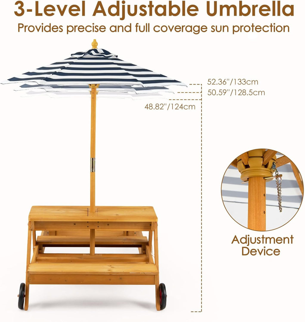OLAKIDS 3-in-1 Wooden Picnic Table with Sandbox Benches and Umbrella