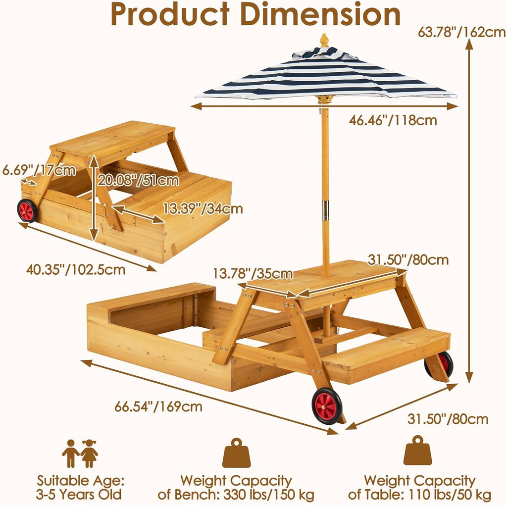 OLAKIDS 3-in-1 Wooden Picnic Table with Sandbox Benches and Umbrella