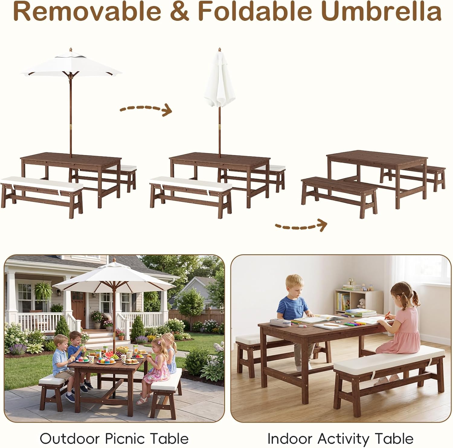 Olakids Kids Picnic Table, Outdoor Wooden Bench Set with Removable Cushions Adjustable Foldable Umbrella