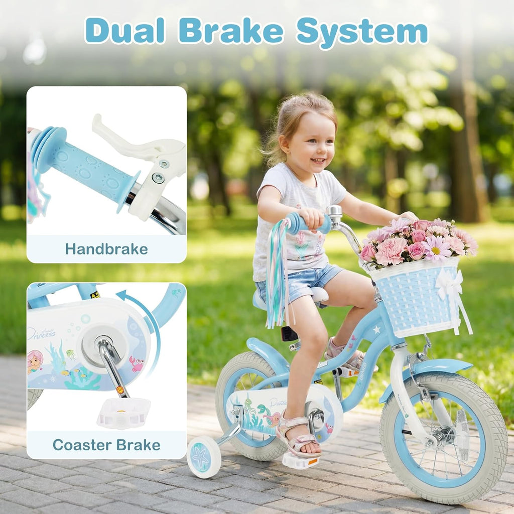 Olakids Kids Bike, 12 14 16 18 20 Inch Mermaid Theme Girls Bicycle with Training Wheels
