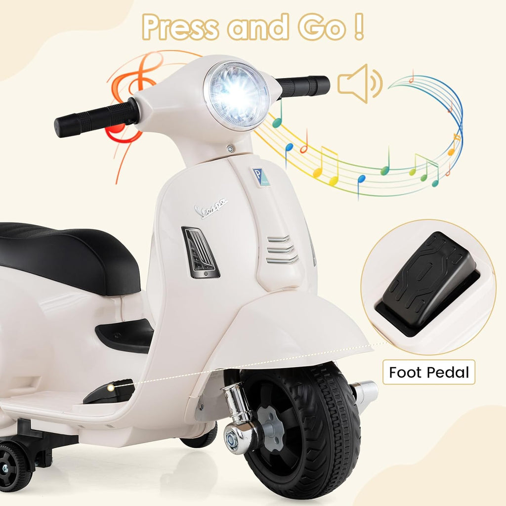 Licensed Vespa Scooter Kids Motorcycle by OLAKIDS, 6V Ride on Electric Motorcycle with Training Wheels