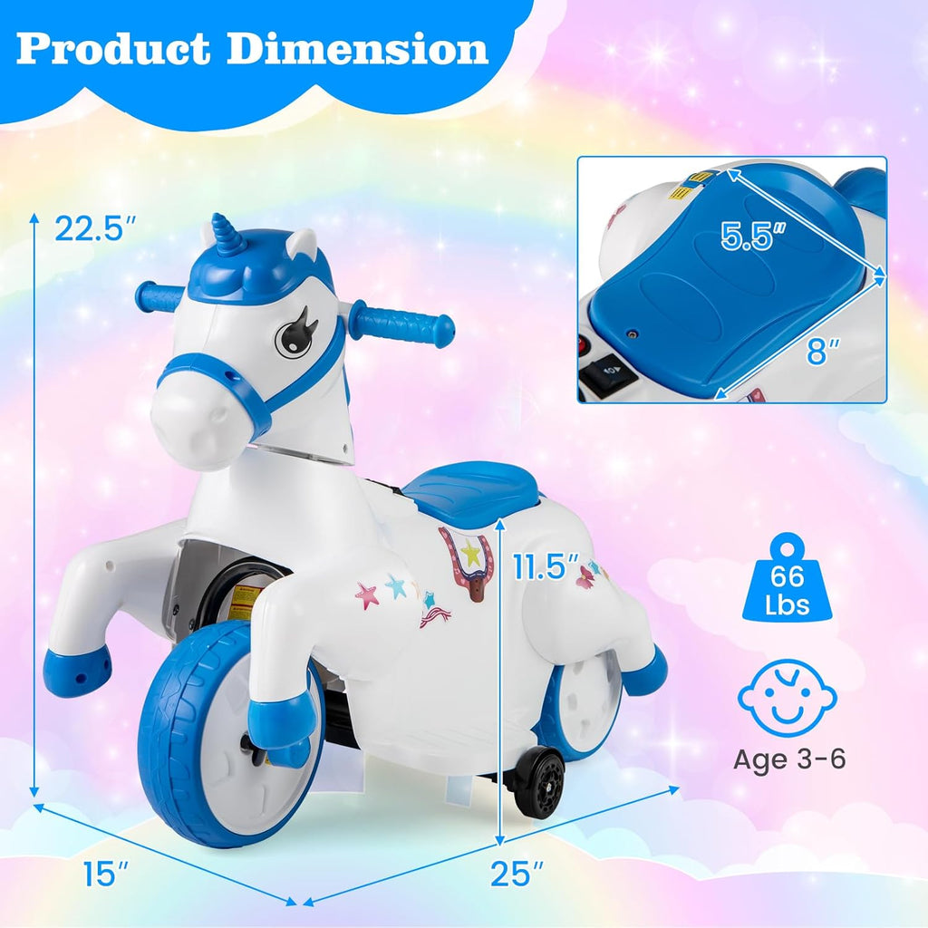OLAKIDS 2 in 1 Ride on Motorcycle and Horse, Unicorn 6V Battery Powered Ride on Toy  Aged 3-6 Years