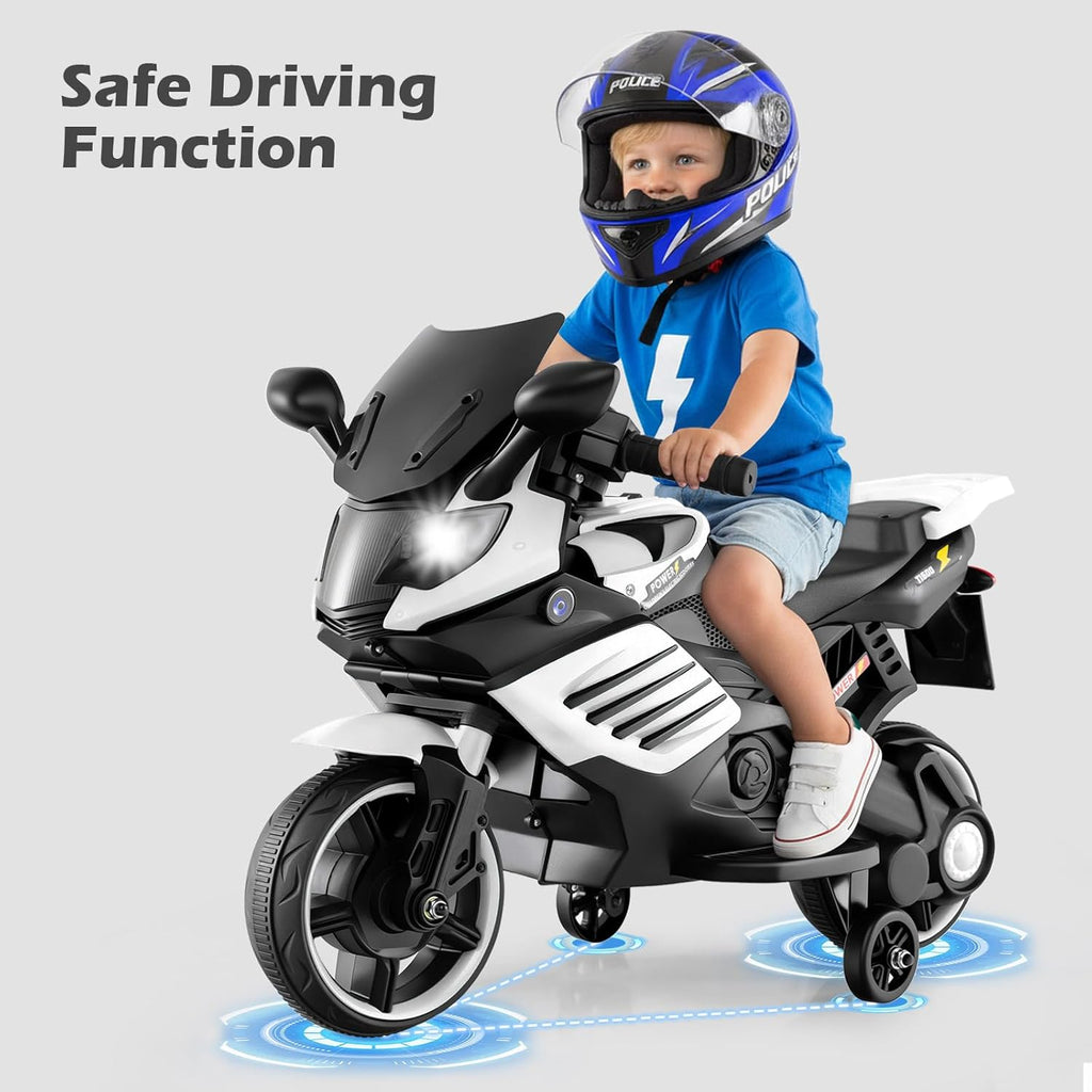 OLAKIDS 6V Kids Motorcycle with Training Wheels, Horn, Music, Headlight for Boys Girls Aged 3+ Years (White)
