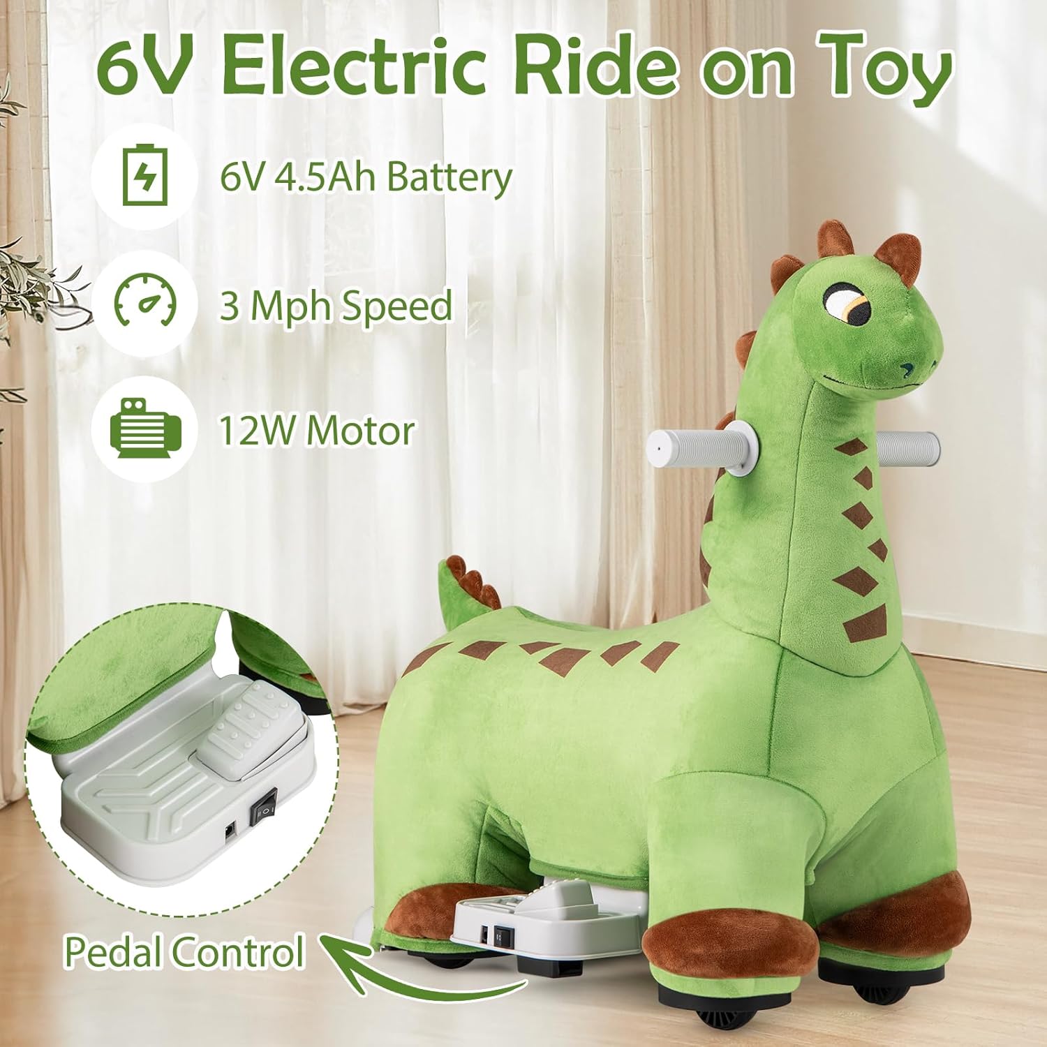OLAKIDS 6V Electric Dinosaur Ride On Toy with Music for Kids Ages 3+
