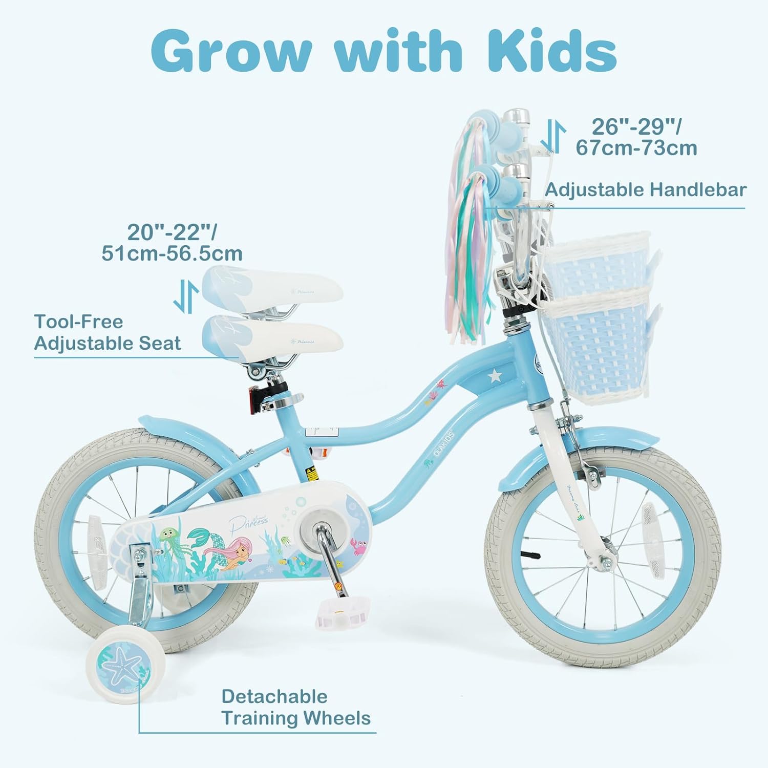 Olakids Kids Bike, 12 14 16 18 20 Inch Mermaid Theme Girls Bicycle with Training Wheels