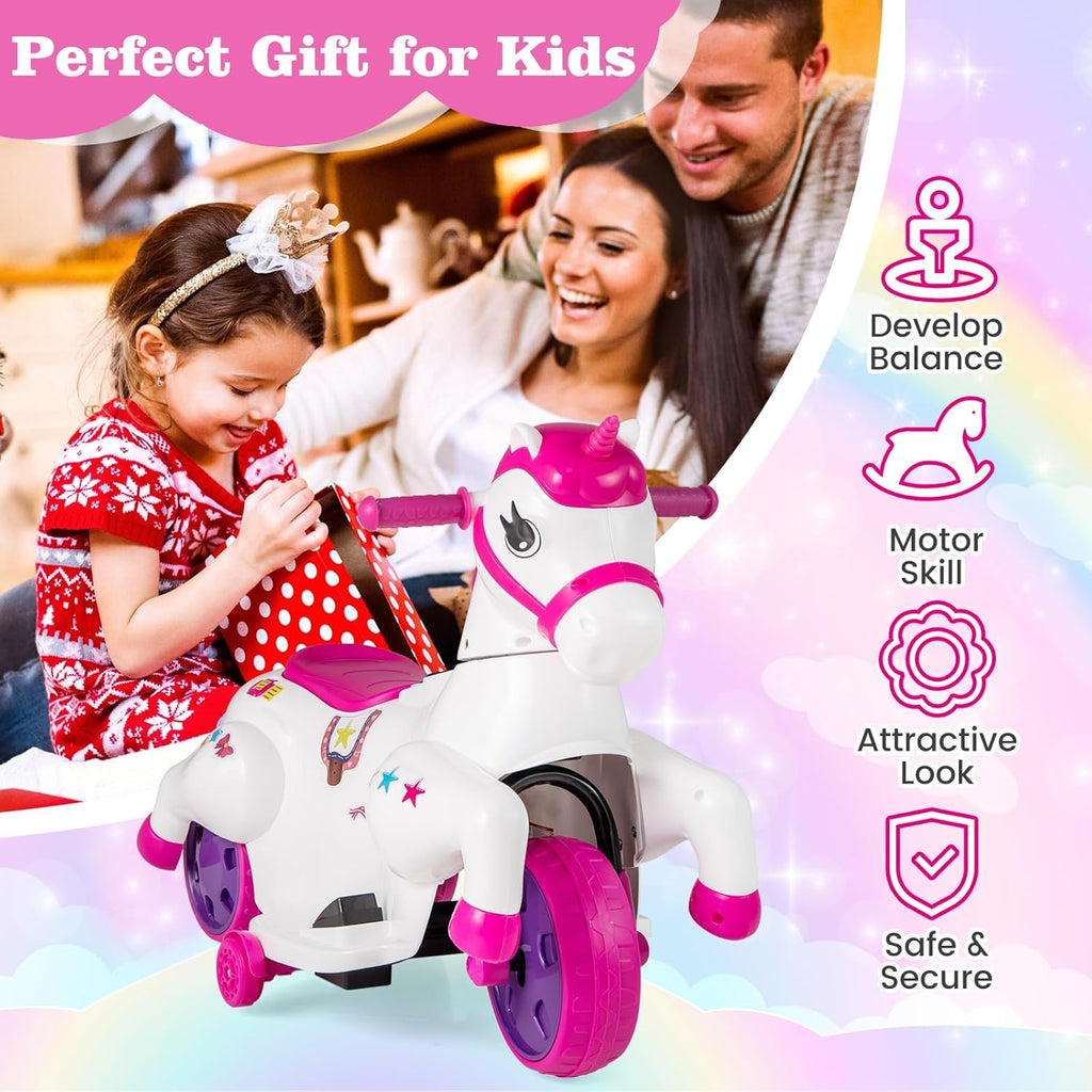 OLAKIDS 2 in 1 Ride on Motorcycle and Horse, Unicorn 6V Battery Powered Ride on Toy  Aged 3-6 Years