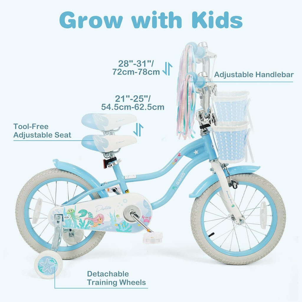 Olakids Kids Bike, 12 14 16 18 20 Inch Mermaid Theme Girls Bicycle with Training Wheels