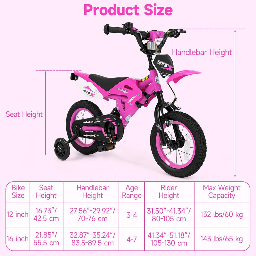 Olakids 12/16 Inch Motorcycle Kids BMX Bike with Light Training Wheels & Suspension