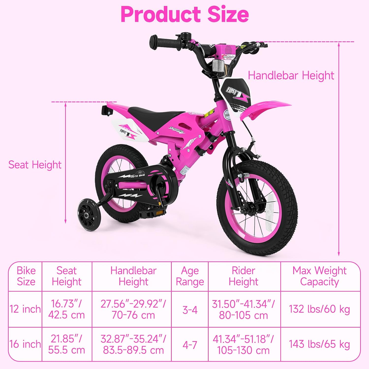Olakids 12/16 Inch Motorcycle Kids BMX Bike with Light Training Wheels & Suspension