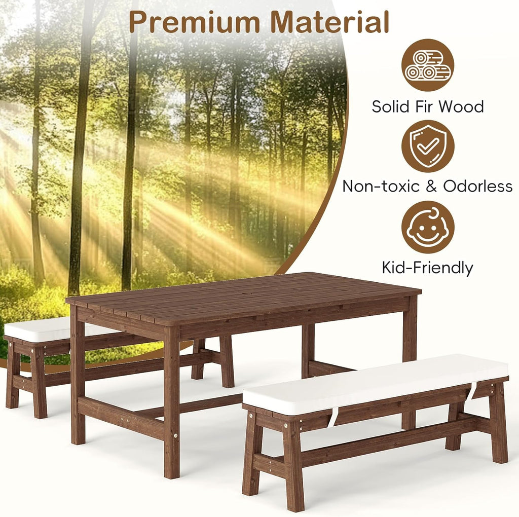 Olakids Kids Picnic Table, Outdoor Wooden Bench Set with Removable Cushions Adjustable Foldable Umbrella